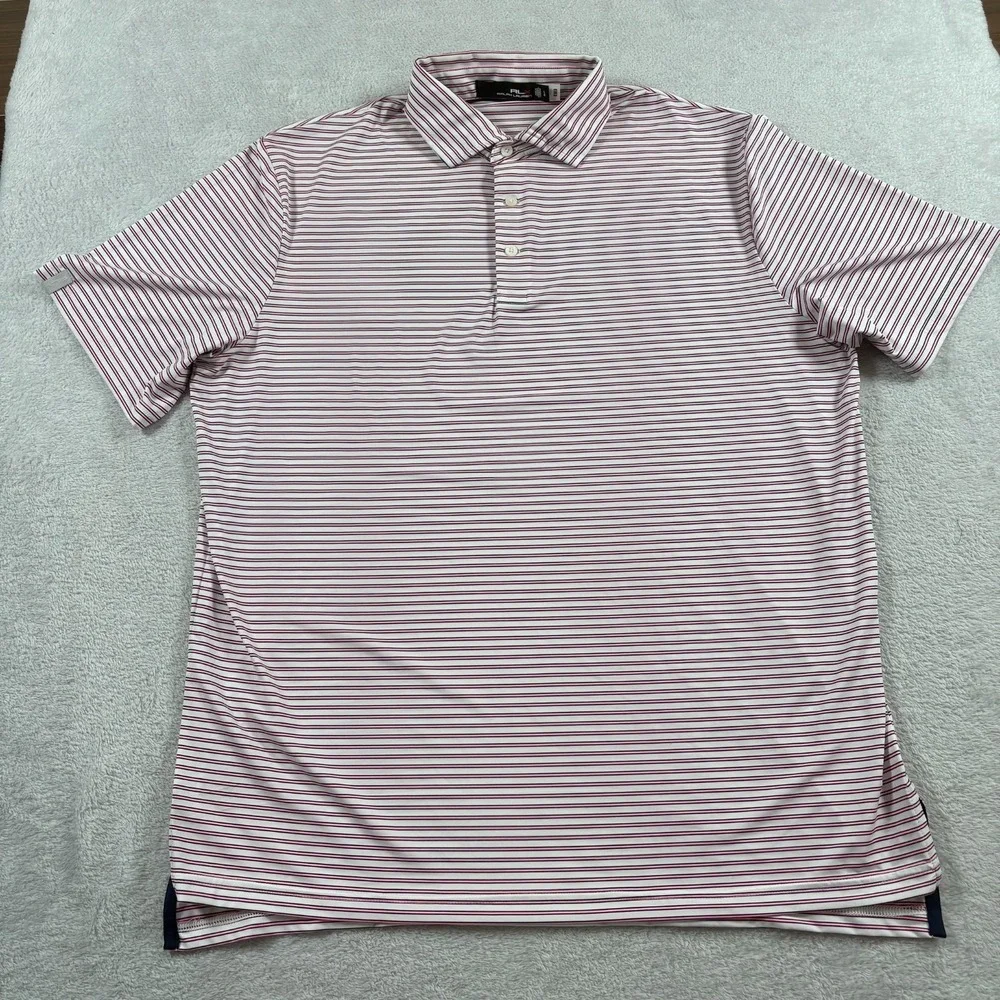 RLX Ralph Lauren Polo Shirt Mens Large Gray Pink Striped‎ High Low Hem Golf